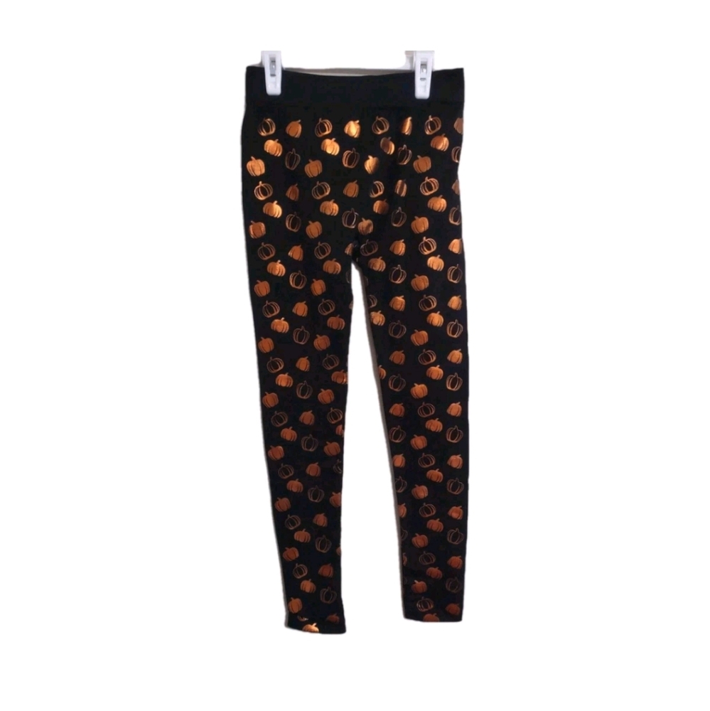 Women's Sz S Black Super Soft Fleece Lined Leggings w/ Metallic Orange Pumpkins